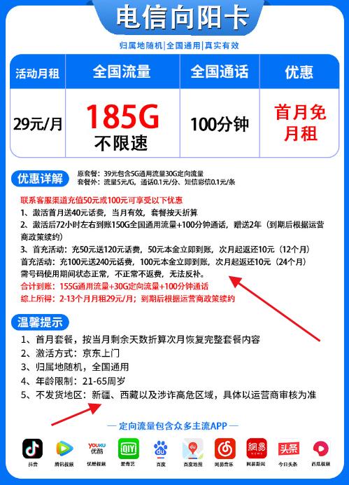 中国电信开始放大招，29元185G流量+100分通话，你看到会转网吗？